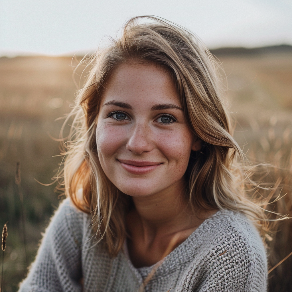 Femme souriante dans un champ au coucher du soleil.